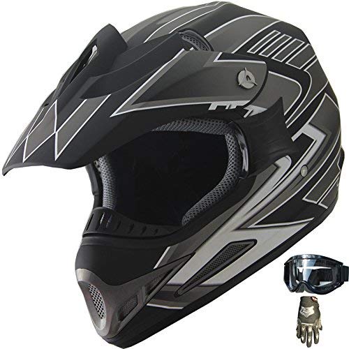 ATV Motocross Off Road Dirt Bike Helmet Combo 189 matt black+gloves+goggles (XL)