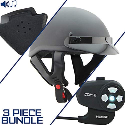 Outlaw T70 DOT Flat Black Half Helmet with Hawk COM-2 Bluetooth Intercom and Sp - X-Small w/COM-2 Intercom