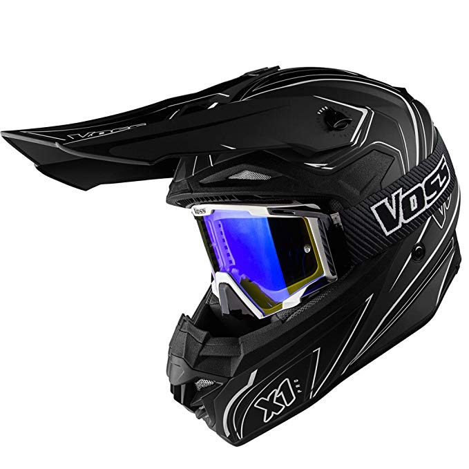 Voss X1 Pro Magneto Graphic Motocross Helmet with Quick Release and Dusty Black Goggles Blue lens set - S - Two Tone Stealth