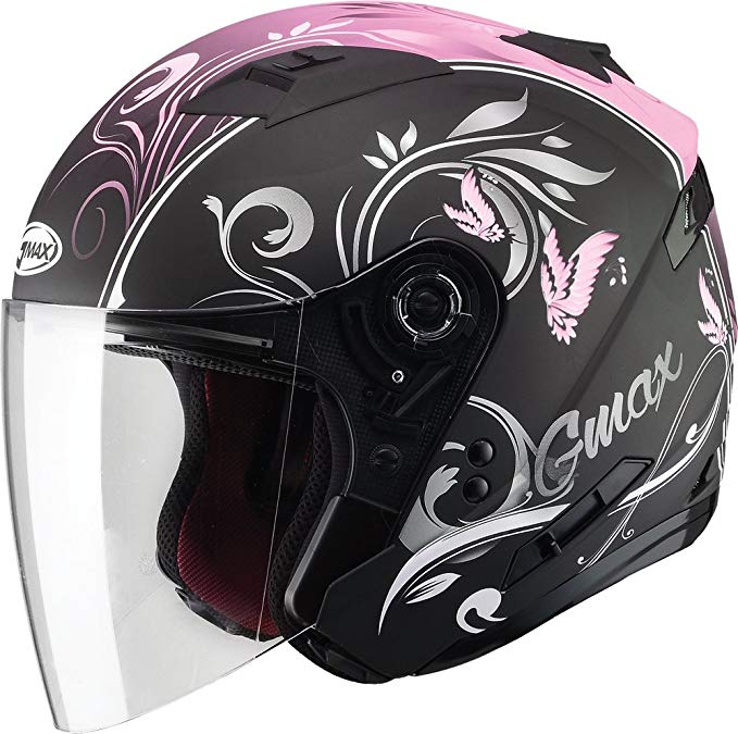 Gmax OF77 unisex-adult open-face-helmet-style Motorcycle Street Helmet Butterfly (Flat Black/Pink,X-Small),1 Pack