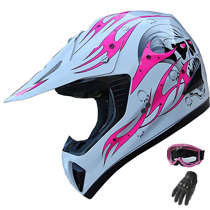 X4 Adult DOT ATV Motocross Helmet Combo 181 Pink/white+gloves+goggles