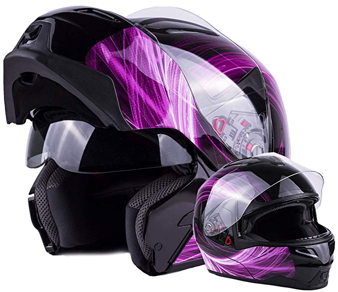 Women's Modular Full Face Motorcycle Helmet Street Bike Flip-Up Dual Visor DOT (Pink Small)