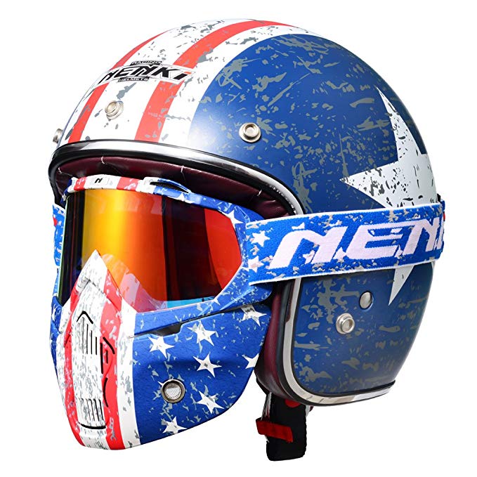 3/4 Fiberglass Bobber Motorcycle Open Face Helmet By NENKI For Moped Scooter NK-628 with NK-1019 Patriot Goggles Mask DOT Approved Stars and Stripes American Patriot (L)