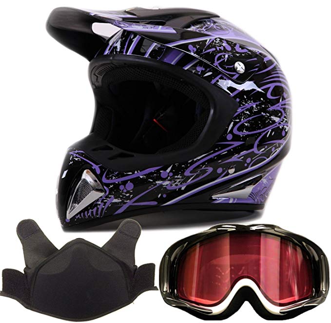 Adult Snocross Snowmobile Helmet & Goggle Combo - Purple, Black/White (Large)