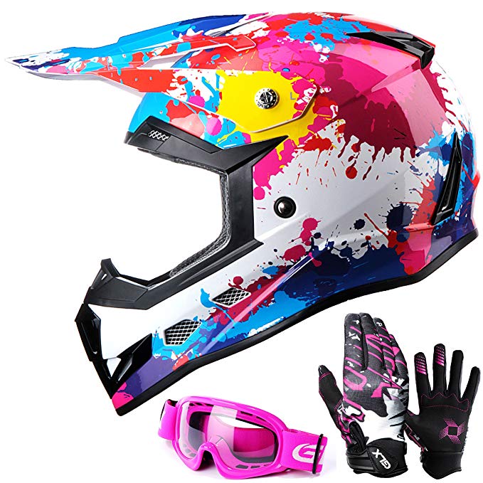 GLX DOT Youth Kids Motocross ATV Dirt Bike Helmet Off Road Graffiti Pink+Goggles+Gloves (L)