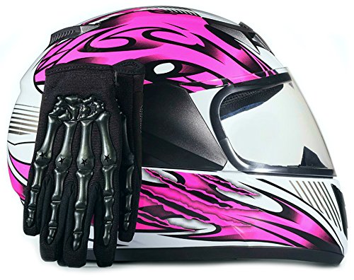 Youth Kids Full Face with Shield Helmet & Gloves Combo Motorcycle Street Dirtbike MX - Pink (XL)