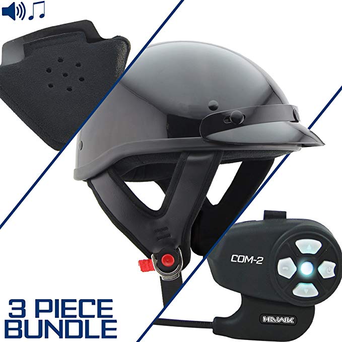 Outlaw T70 DOT Glossy Black Half Helmet with Hawk COM-2 Bluetooth Intercom and - Small w/COM-2 Intercom