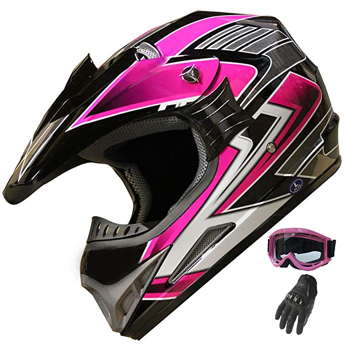 ATV Motocross Helmet Off Road Dirt Bike Helmet Combo 189 pink+gloves+goggles (M)