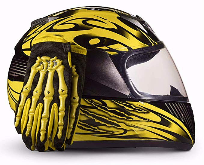 Youth Kids Full Face with Shield Helmet & Gloves Combo Motorcycle Street Dirtbike MX - Yellow (XL)