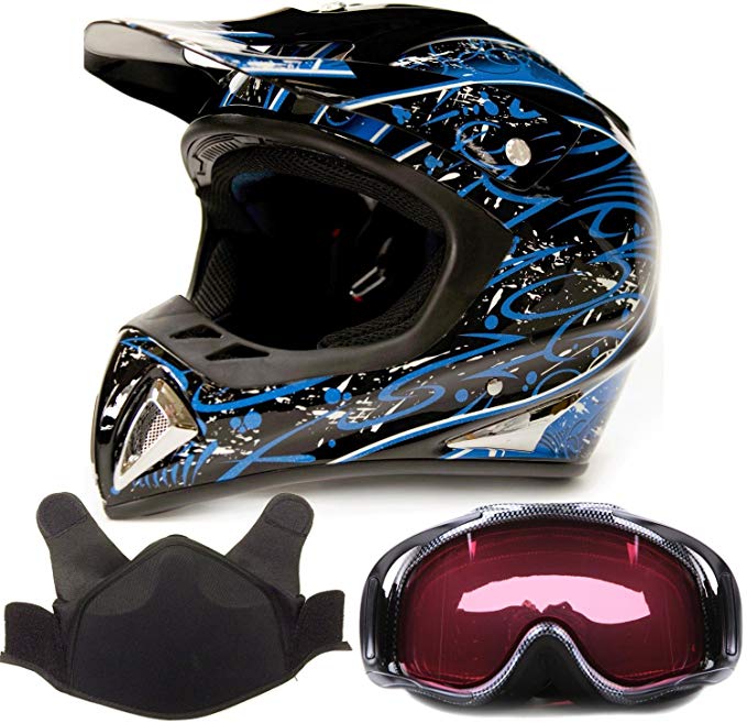 Adult Snocross Snowmobile Helmet & Goggle Combo - Blue, Carbon Fiber Print (Medium)