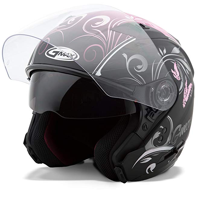 GMAX unisex-adult open-face-helmet-style Helmet (Of77 Butterflies) (Flat Black/Pink, Small)