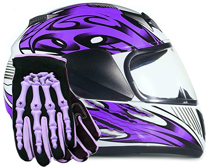 Youth Kids Full Face with Shield Helmet & Gloves Combo Motorcycle Street Dirtbike MX - Purple (Small)