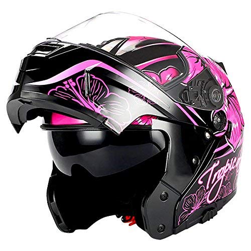 1Storm Motorcycle Modular Full Face Helmet Flip up Dual Visor/Sun Shield Lady Purple Flower Pink