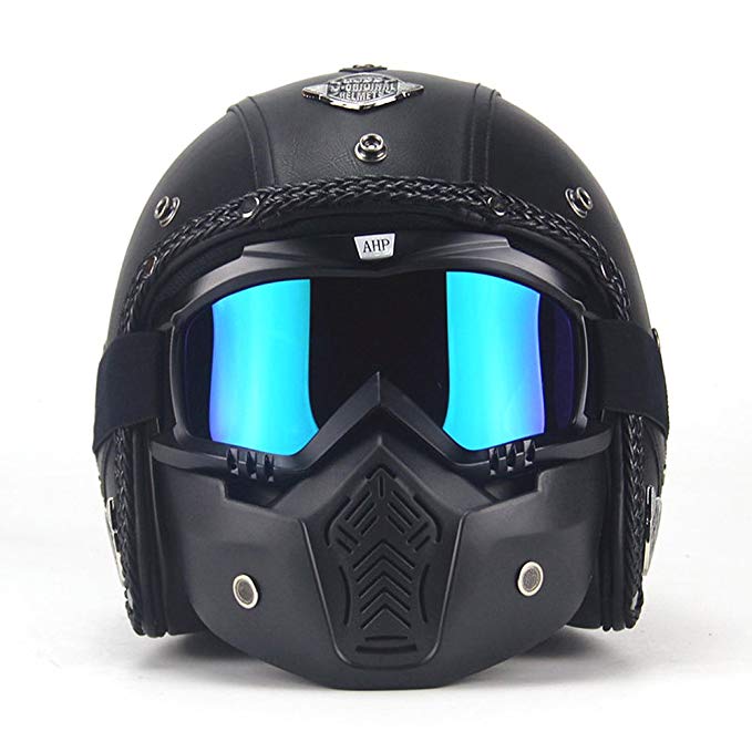 AUTOPDR Open Face Vintage Motorcycle Helmet PU Leather Harley Helmets 3/4 Motorcycle Chopper Bike Helmet with Goggle Mask M(57-58cm)