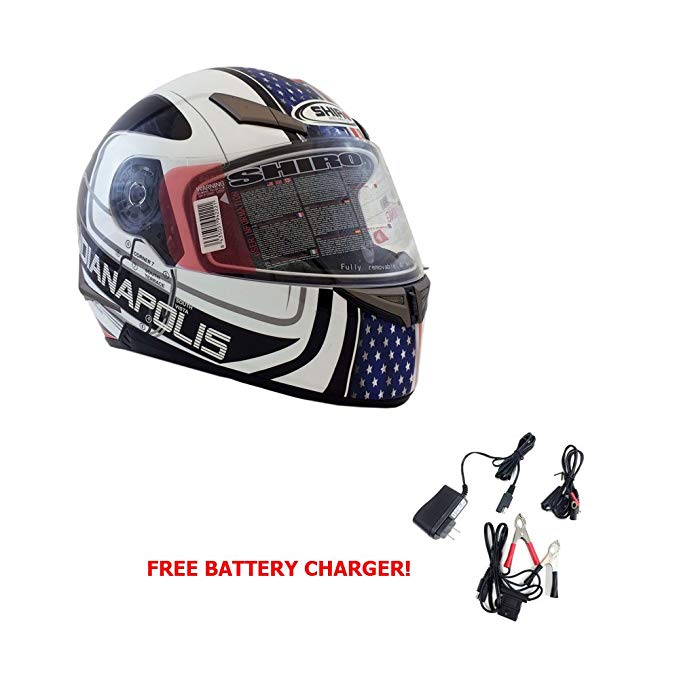 SHIRO PREMIUM Street Full Face Helmet DOT Approved – Indianapolis SH-715 - XL (Free Battery Charger Included)