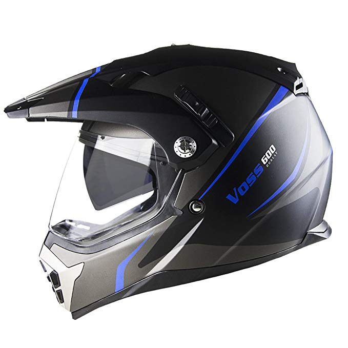 Voss 600 Dually Blue Thunderbolt Dual Sport helmet with Integrated Sun Lens and Removable Peak - XXL - Matte Blue Thunderbolt