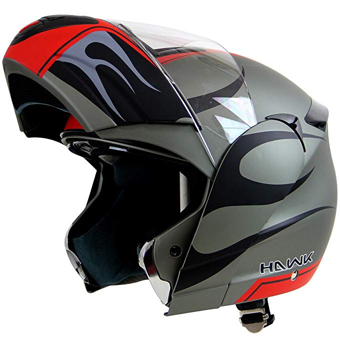 Hawk H-66 Blaze Matte Grey/Red Dual-Visor Modular Motorcycle Helmet - Large