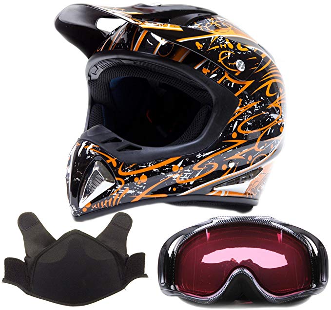 Adult Snocross Snowmobile Helmet & Goggle Combo - Orange, Carbon Fiber Print (Medium)