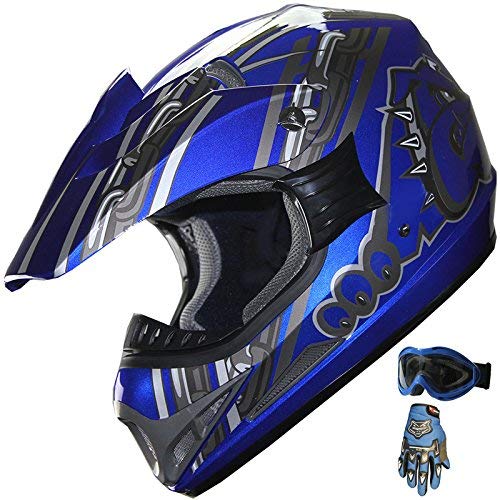 ATV Motocross Off Road Helmet Combo A28 Blue+gloves+goggles (M)
