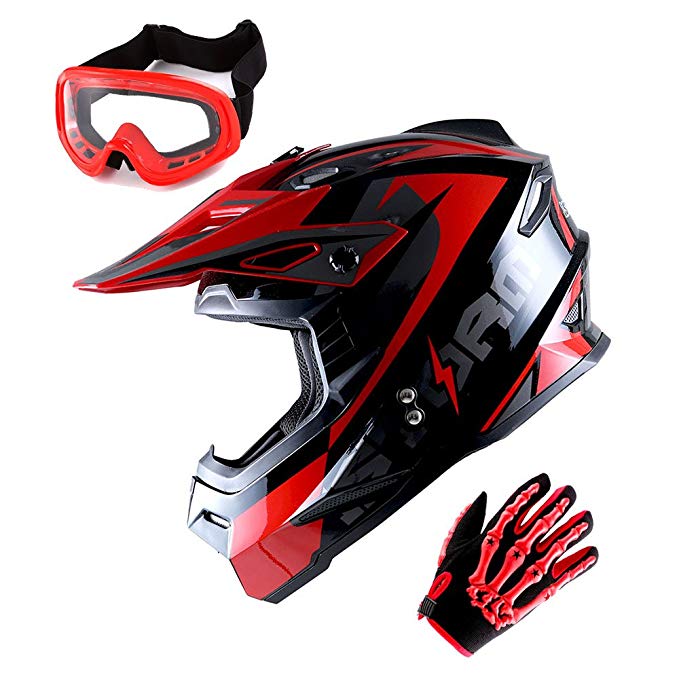 1Storm Adult Motocross Helmet BMX MX ATV Dirt Bike Helmet Racing Style Glossy Red; + Goggles + Skeleton Red Glove Bundle
