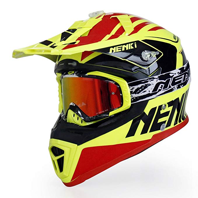 NENKI Motocross Offroad Dirtbike Helmet NK-316 Dot Approved Come with MX Goggle for Mens and Womens(L 59-60CM, Yellow Red)