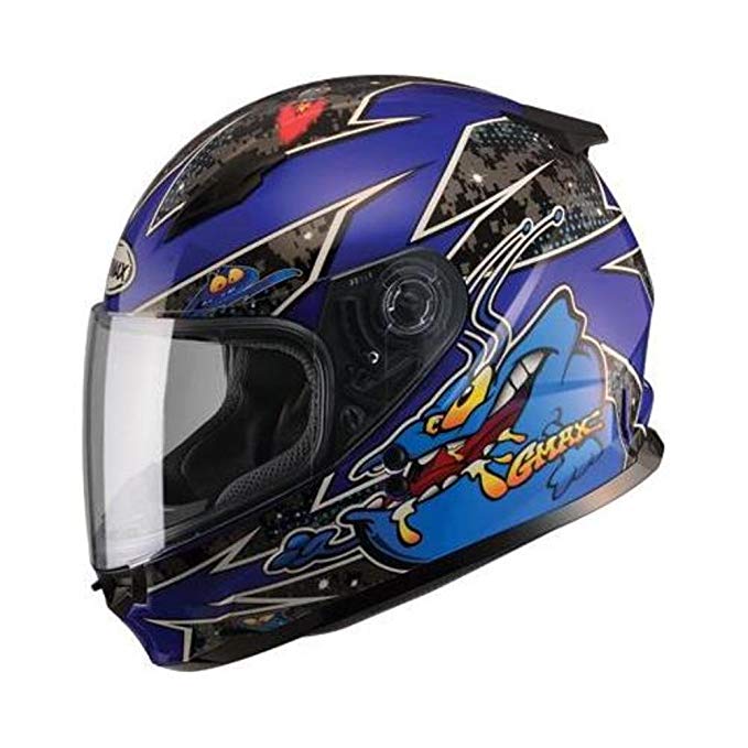 GMAX unisex-adult full-face-helmet-style Helmet (Gm49Y Youth Street Alien) (Black/Blue, Youth Large)