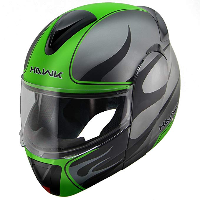 Hawk H-66 Blaze Matte Grey/Green Dual-Visor Modular Motorcycle Helmet - Large
