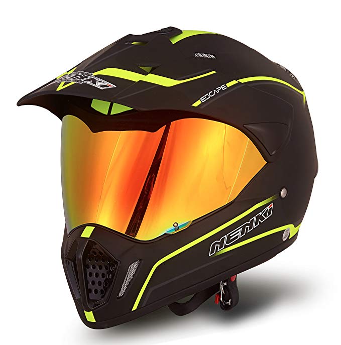 NENKI Dual Sport Helmet Full Face Motocross & Motorcycle Helmets Dot Approved Iridium Red Visor Attached Clear Visor NK-310 (L, Matt Black & Green)